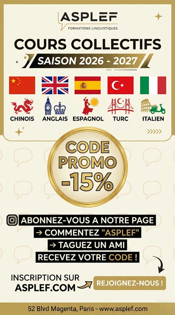 Les cours collectifs de langue étrangère (Anglais, Espagnol, Italien, Chinois, Turc,...) offrent de vraies conversations, des échanges spontanés et une motivation durable grâce au groupe ce qui favorise la réussite de l'apprentissage.